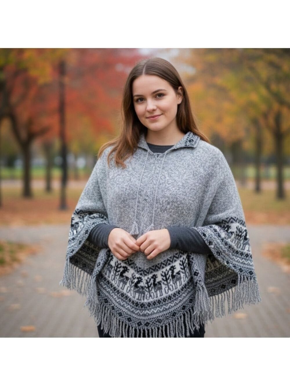 Gray Black Alpaca Pattern Poncho One Size